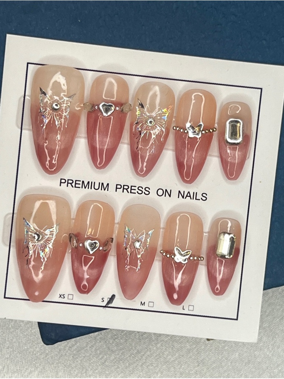 Holographic Butterfly Press-On Nails in Nude Pink size S
